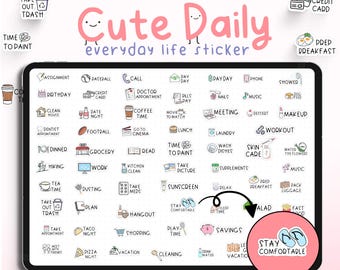 Everyday Cute Life Icon Digital Stickers for GoodNotes & Notability | Pre-cropped PNGs | Coffee, Chore, Work,School,Workout Planner Stickers