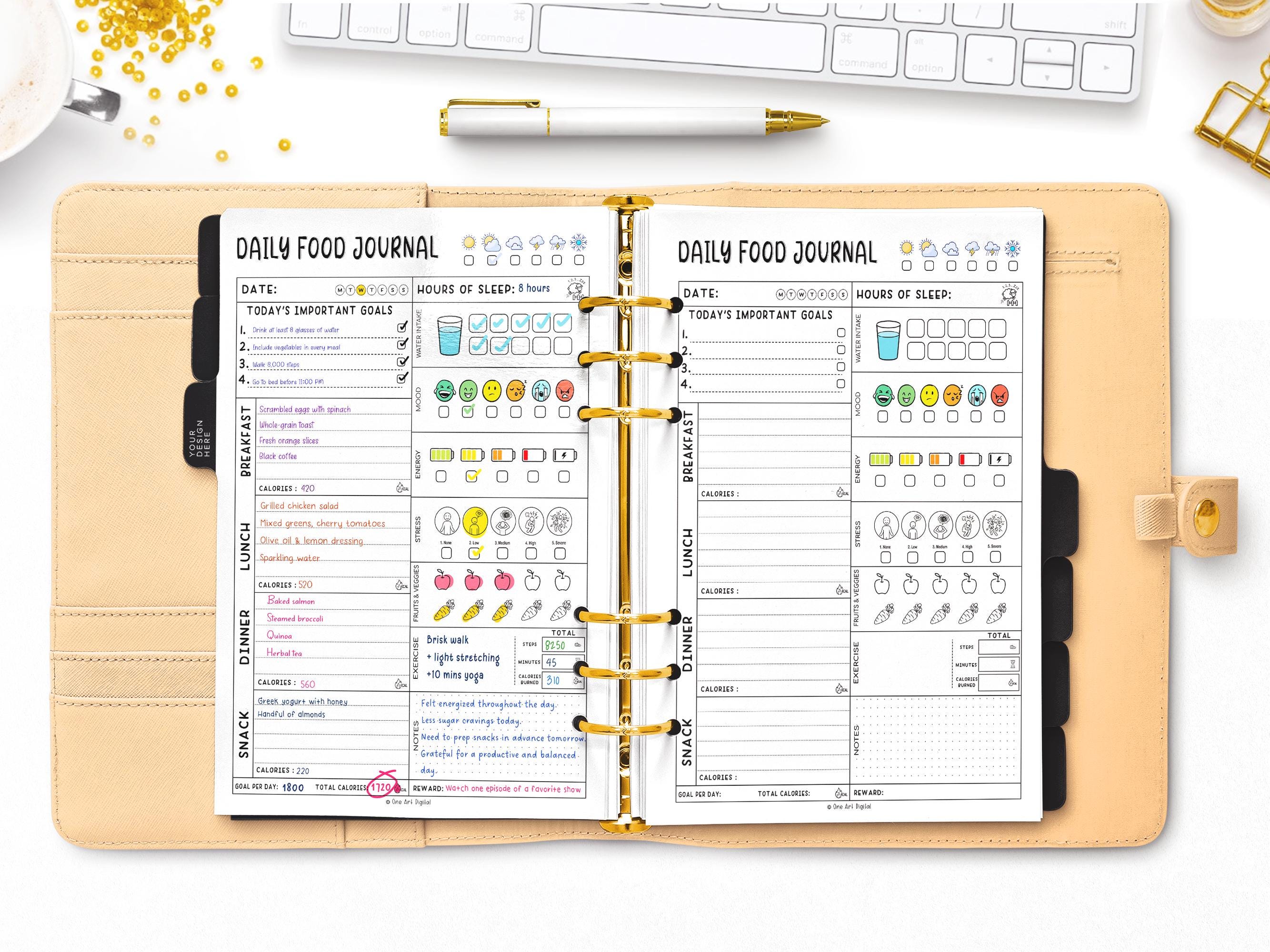 Editable Daily Food Journal | Diet and Calorie Tracker | Workout &amp; Mood ...