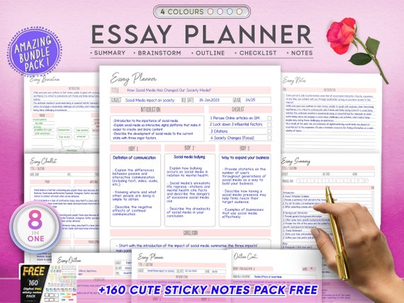 Simple Essay Planner Printable 8pg BUNDLE | 160 Free PNG Sticky Notes PACK | College Assignment, School Homework Project | Planning Template