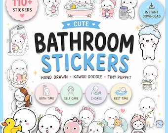 110 Cute Tiny Puppet Bathroom Stickers PNG Bundle | Hand Drawn Kawaii Doodle Bath Time Stickers | Cleaning Digital Stickers Chores Planner