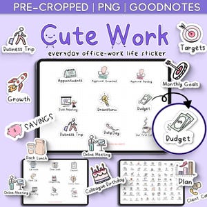 May include: A digital sticker set with the text "Cute Work" and various illustrations for office and work life. Includes icons for appointments, budget, and online meetings. The stickers are pre-cropped and designed for GoodNotes.