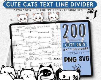 200 Minimalist Cat Line Dividers, Black White Doodle Style (GoodNotes PNG)