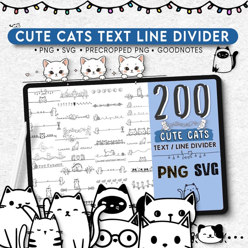 200 Minimalist Cat Line Dividers, Black White Doodle Style (goodnotes ...