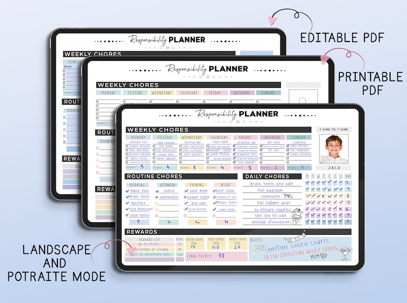 May include: A printable responsibility planner for kids with a weekly chore chart, daily chore checklist, and a reward system. The planner includes a space for a photo and a section for notes. The planner is designed to help kids learn responsibility and develop good habits.