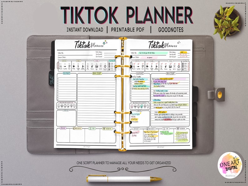 Puede incluir: Un planificador TikTok imprimible con una cubierta gris y anillos dorados. El planificador tiene una secci&oacute;n para tareas diarias, una secci&oacute;n para tareas semanales y una secci&oacute;n para la planificaci&oacute;n de guiones. El planificador est&aacute; dise&ntilde;ado para ayudar a los usuarios a administrar su contenido de TikTok.