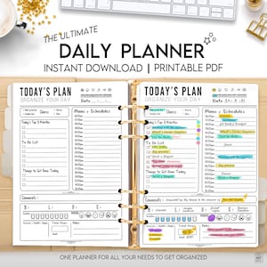 May include: A printable daily planner with a black and white design. The planner includes sections for chores, plans and schedules, to-do lists, and things to get done today. It also has sections for tracking water intake, exercise, mood, and sleep.
