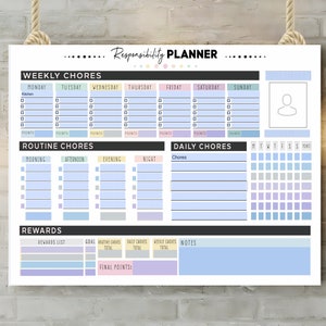 May include: A printable chore chart with a light blue, pink, and yellow color scheme. The chart includes sections for weekly chores, routine chores, daily chores, rewards, and notes. The chart is designed to help children learn responsibility and develop good habits.