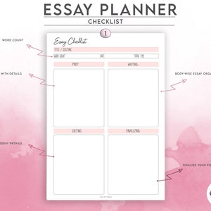 May include: A printable essay planner checklist with sections for prepping, writing, editing, and finalizing an essay. The checklist is divided into four boxes with headings for each stage of the essay writing process. The checklist is designed to help students organize their thoughts and stay on track.