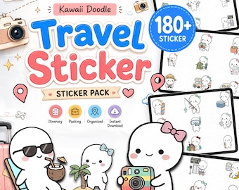 180+ Travel Stickers for Goodnotes | Kawaii Doodle Travel Planner Stickers | PNG Sticker Pack | Digital Journal Stickers