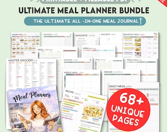 Printable Meal Planner Bundle, Recipe Cards, Grocery Lists (A4, A5, Letter, Fillable PDF)