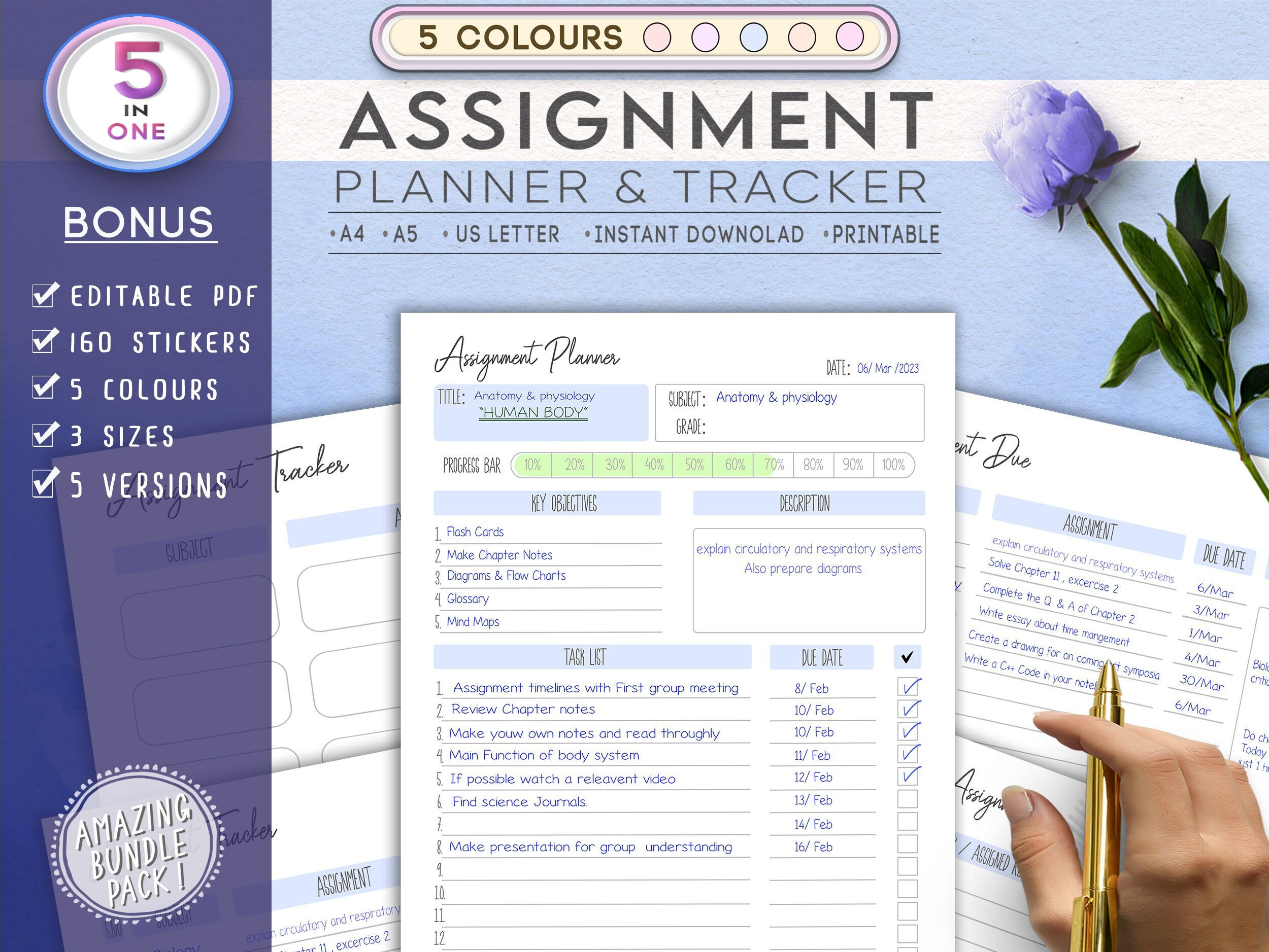 Assignment Tracker Editable & Printable PDF | Assignment Planner Homework Planner, School College Planner,Table Tracker, Sheets,Book, Pad,
