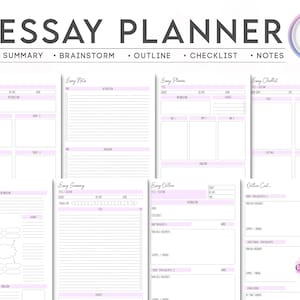 May include: Printable essay planner with eight sections: summary, brainstorm, outline, checklist, notes, plan, notes, and outline content. The planner has a pink and white color scheme with a light pink background and white text.