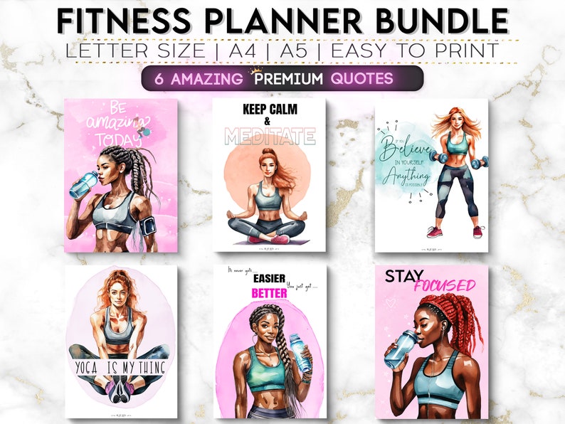 Ultimate Health and Fitness Printable Planner Bundle, Fitness Journal, Diet, Workout Trackers, Meal planner, Fitness Challenge, Analysis