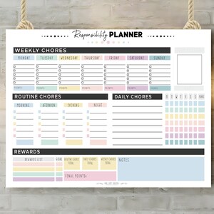 May include: A printable chore chart with a colorful design. The chart includes sections for weekly chores, routine chores, daily chores, and rewards. The chart is designed to help children learn responsibility and develop good habits.