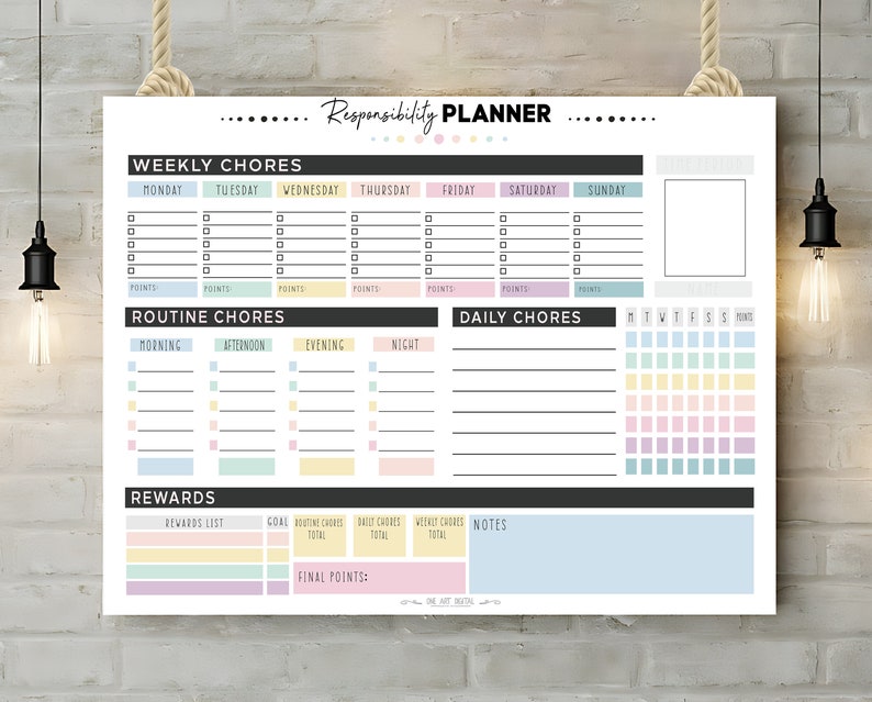 May include: A printable chore chart with a colorful design. The chart includes sections for weekly chores, routine chores, daily chores, and rewards. The chart is designed to help children learn responsibility and develop good habits.