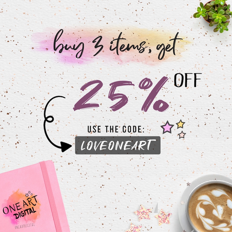 Puede incluir: Un fondo de acuarela rosa y amarillo con el texto "buy 3 items, get 25% OFF". El texto "USE THE CODE: LOVEONEART" est&aacute; en un cuadro gris con una flecha rosa que apunta hacia &eacute;l. Hay tres peque&ntilde;as estrellas en la esquina superior derecha de la imagen.