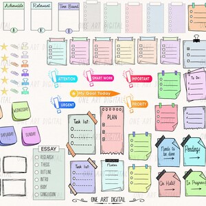May include: A set of colorful digital planner stickers featuring various shapes and sizes of notes, checklists, and task lists. The stickers include text such as "Urgent", "Priority", "Plan", "Task List", "Essay", "To Do", "Check List", "Needs to be done", "Pending", "Done", "Completed", "On Hold", "In Progress", "I love it", and "Find it".