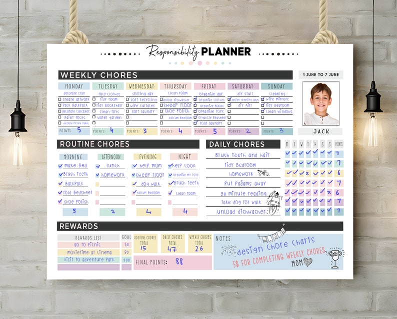 May include: A white printable chore chart with a colorful design. The chart includes sections for weekly chores, routine chores, daily chores, rewards, and notes. The chart is designed for a child and includes a space for a photo and name. The chart includes the text "Responsibility Planner", "Weekly Chores", "Routine Chores", "Daily Chores", "Rewards", "Notes", "Design Chore Charts", "$5 for completing weekly chores", and "Mom".