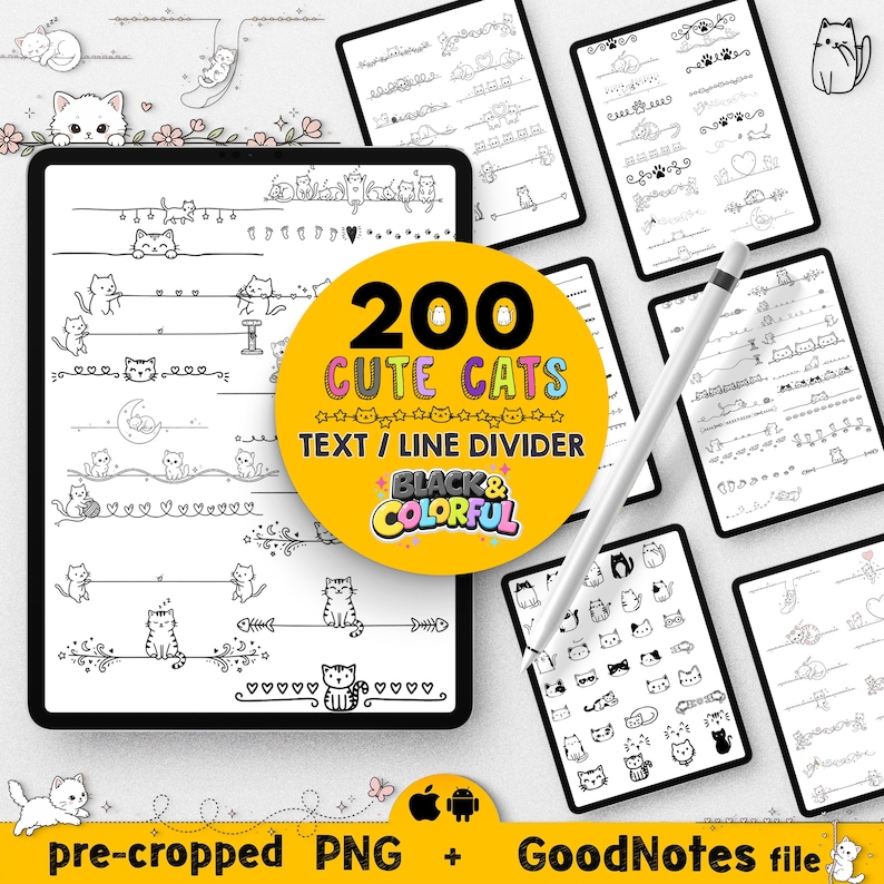 200 Minimalist Cat Line Dividers, Black White Doodle Style (goodnotes ...