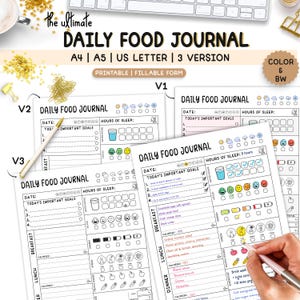 Peut inclure: Plusieurs journaux alimentaires quotidiens imprimables et remplissables, aux formats A4, A5 et US Letter. Ils comprennent des sections pour les objectifs quotidiens, le sommeil, l'humeur et l'apport alimentaire. Disponibles en couleur et en noir et blanc.