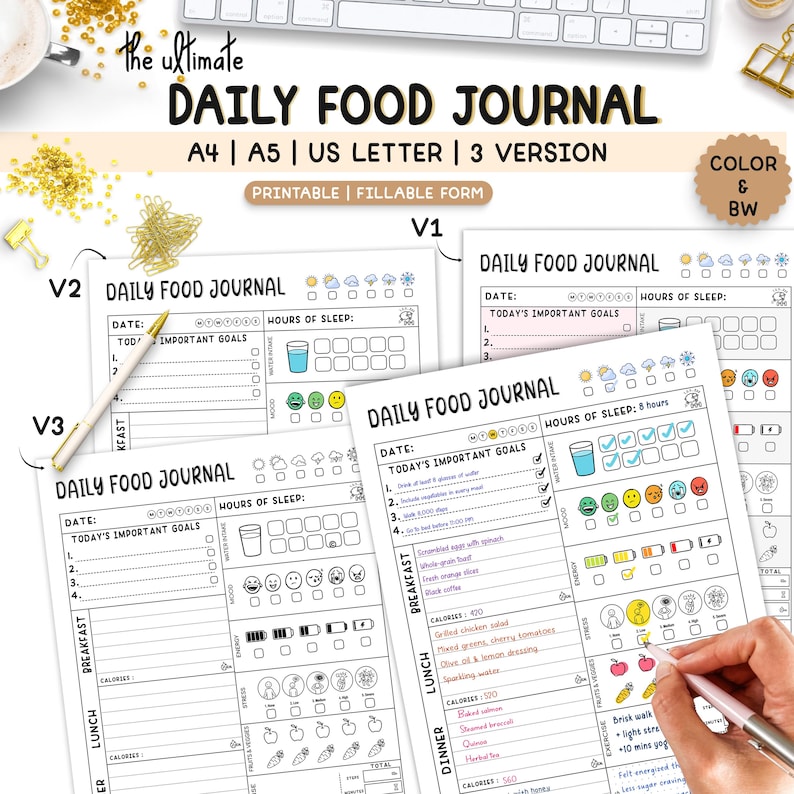 Editable Daily Food Journal | Diet and Calorie Tracker | Workout & Mood Tracker | Daily Meal Planner | GoodNotes PDF | Digital Download