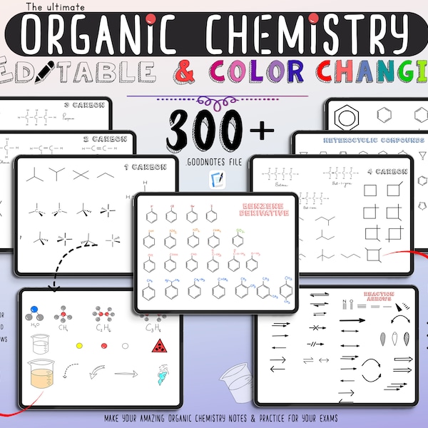 300 + Editable Color-changing Organic chemistry elements & stickers for GoodNotes , Hexagonal Paper Notes , Science Stickers ,Ochem Stickers