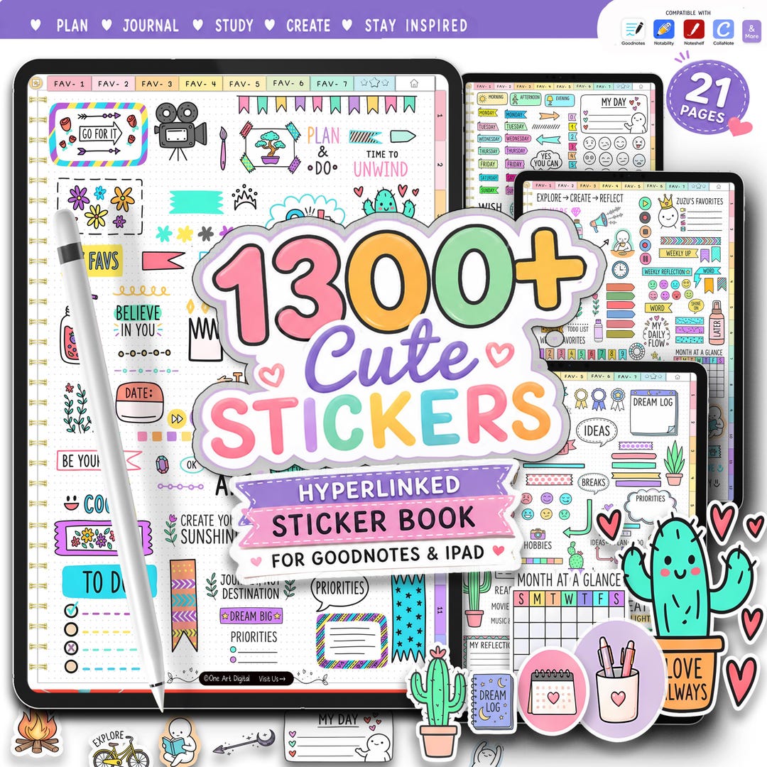 Cute Digital Sticker Book for Goodnotes | 1300+ iPad Planner Stickers ...