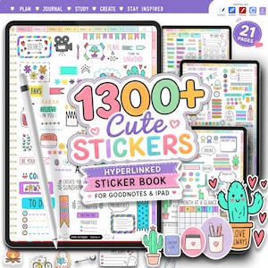 May include: Digital sticker book for Goodnotes and iPad, featuring over 1300 cute stickers. The image shows a tablet with various colorful stickers, including hearts, cacti, and text like "Plan" and "Create". A stylus is also visible.