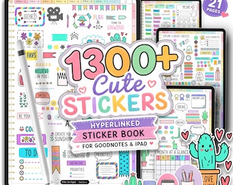Cute Digital Sticker Book for GoodNotes | 1300+ iPad Planner Stickers | Hyperlinked PNG Notes Stickers | Rainbow Hyperlinked Journal Sticker