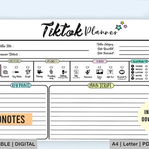 Puede incluir: Un planificador de TikTok imprimible con un dise&ntilde;o en blanco y negro. El planificador incluye secciones para el t&iacute;tulo del video, los detalles del patrocinador, los pasos iniciales, intermedios y finales. Tambi&eacute;n incluye una secci&oacute;n para los puntos clave, el guion principal y las redes sociales.