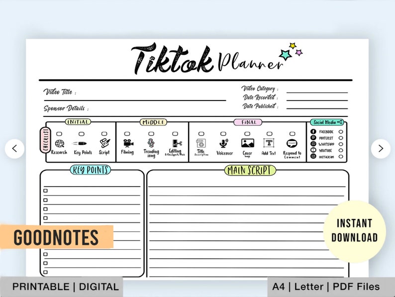 Puede incluir: Un planificador de TikTok imprimible con un dise&ntilde;o en blanco y negro. El planificador incluye secciones para el t&iacute;tulo del video, los detalles del patrocinador, los pasos iniciales, intermedios y finales. Tambi&eacute;n incluye una secci&oacute;n para los puntos clave, el guion principal y las redes sociales.