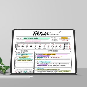 Puede incluir: Una plantilla de planificador digital para videos de TikTok en la pantalla de una tableta. El planificador incluye secciones para el t&iacute;tulo del video, la categor&iacute;a, la fecha programada, la fecha de publicaci&oacute;n, los puntos clave, los consejos para volverse viral, el guion principal y las m&eacute;tricas de redes sociales. El planificador est&aacute; dise&ntilde;ado para ayudar a los usuarios a planificar y rastrear su contenido de TikTok.