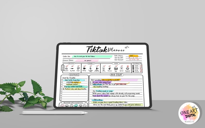Puede incluir: Una plantilla de planificador digital para videos de TikTok en la pantalla de una tableta. El planificador incluye secciones para el t&iacute;tulo del video, la categor&iacute;a, la fecha programada, la fecha de publicaci&oacute;n, los puntos clave, los consejos para volverse viral, el guion principal y las m&eacute;tricas de redes sociales. El planificador est&aacute; dise&ntilde;ado para ayudar a los usuarios a planificar y rastrear su contenido de TikTok.