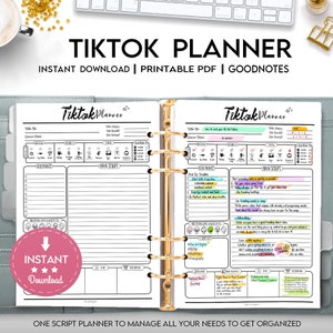 Puede incluir: Un planificador de TikTok imprimible con una carpeta de anillas dorada, con un dise&ntilde;o rosa y blanco con el texto "Tiktok Planner" y "Descarga instant&aacute;nea | PDF imprimible | Goodnotes".
