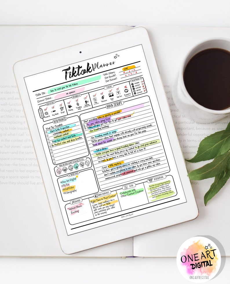 Puede incluir: Un planificador digital para TikTok con secciones para planificar, escribir guiones y programar contenido. El planificador incluye consejos para volverse viral, usar sonidos de tendencia y colaborar con otros creadores.