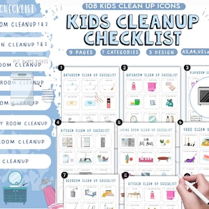 Kids Cleaning Checklist with Pictures, Kids Tidying Checklists, Kids Chore Chart, Kids Chore List, Kids Daily Routines, Kids Weekly Chores
