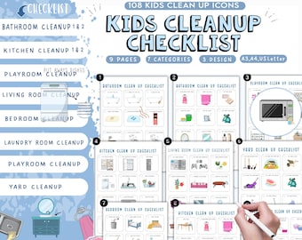 Lista de limpieza para niños con imágenes, listas de orden para niños, tabla de tareas para niños, lista de tareas para niños, rutinas diarias para niños, tareas semanales para niños