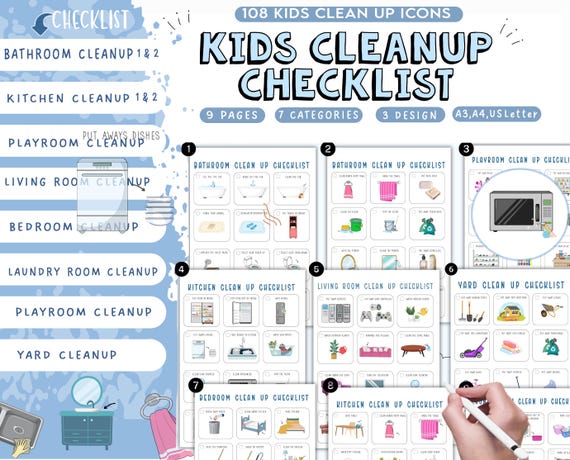 Kids Cleaning Checklist with Pictures, Kids Tidying Checklists, Kids Chore Chart, Kids Chore List, Kids Daily Routines, Kids Weekly Chores