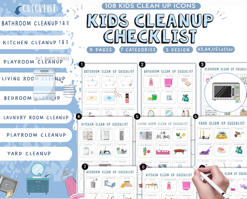 May include: A printable checklist for kids to help them clean up different rooms in their house. The checklist includes 9 pages with 7 categories and 3 designs. The categories include bathroom, kitchen, playroom, living room, bedroom, laundry room, and yard. The checklist is designed for A3, A4, and US Letter paper sizes.