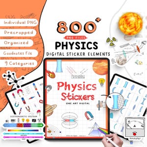 Puede incluir: Un conjunto de pegatinas digitales para Goodnotes con más de 800 ilustraciones con temática de física. Las pegatinas están organizadas en 9 categorías e incluyen imágenes de átomos, imanes, ondas de luz, telescopios y mucho más. El conjunto está diseñado para ayudar a los estudiantes a aprender y visualizar los conceptos de física.