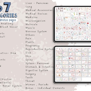 May include: Digital anatomy study guide with 67 categories and 96 pages. Includes topics like the nervous system, blood vessels, and the reproductive system. Two tablets display detailed diagrams and illustrations for medical students and healthcare professionals.