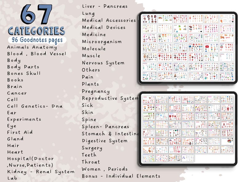 May include: Digital anatomy study guide with 67 categories and 96 pages. Includes topics like the nervous system, blood vessels, and the reproductive system. Two tablets display detailed diagrams and illustrations for medical students and healthcare professionals.