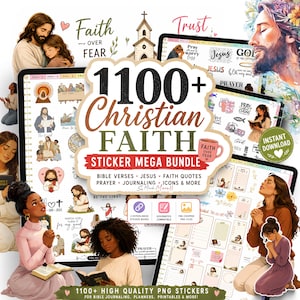 May include: A digital sticker mega bundle featuring over 1100 Christian faith-themed graphics, including illustrations of Jesus, people praying, church icons, and inspirational text. The collection includes hyperlinked sticker books and PNG files.