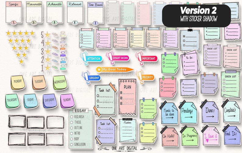 May include: A set of colorful digital planner stickers with various shapes and sizes. The stickers feature text such as "To Do", "Check List", "Urgent", "Priority", "Plan", "Task List", "Essay", "Needs to be done", "Pending", "Done", "Completed", "On Hold", "In Progress", "I love it", and "Find it".