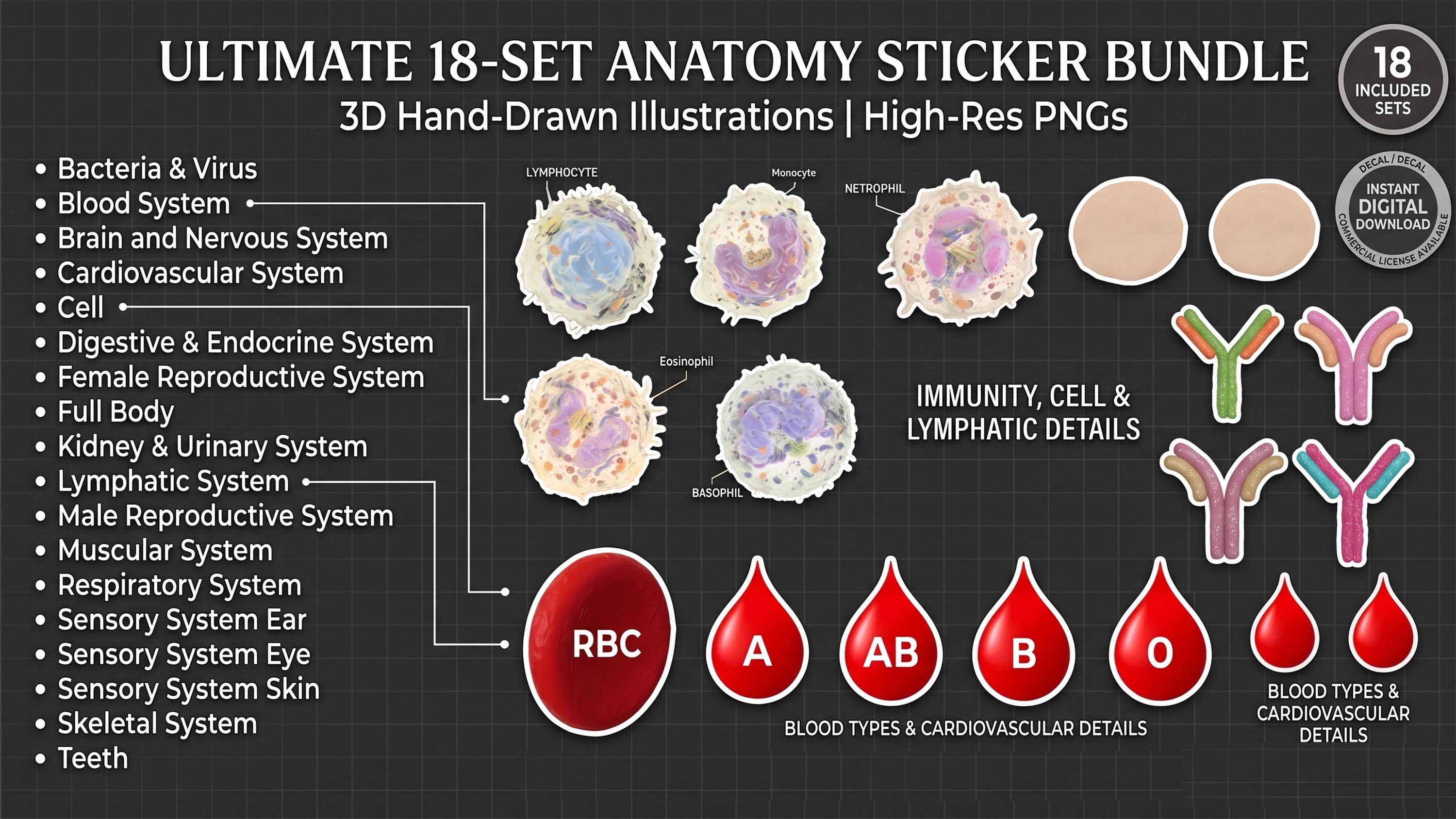 300+ Realistic Anatomy Stickers | Human Body Systems | Medical Study ...