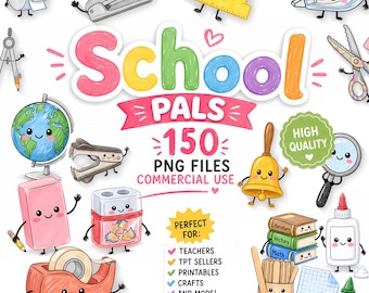 Cute School Clipart Bundle | 150 PNG Files | Kawaii School Supplies | Commercial Use | 300 DPI | Teacher Classroom Clipart