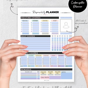 May include: Printable planner with a pastel color scheme and a customizable photo section. The planner includes sections for daily, weekly, and routine chores, as well as a rewards section. The text "Responsibility Planner" is at the top of the page.
