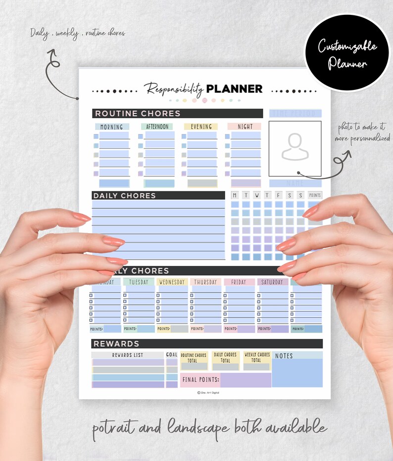 May include: Printable planner with a pastel color scheme and a customizable photo section. The planner includes sections for daily, weekly, and routine chores, as well as a rewards section. The text "Responsibility Planner" is at the top of the page.