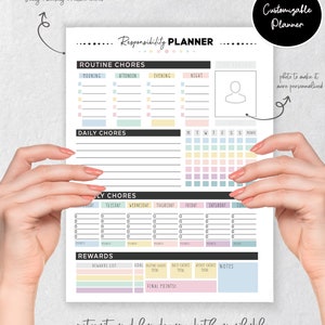 May include: Printable planner with a pastel color scheme. The planner is divided into sections for daily, weekly, and routine chores. It includes a space for a photo, a rewards list, and a notes section. The text "Responsibility Planner" is at the top of the page.