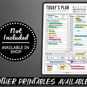 Puede incluir: Un planificador diario imprimible con un dise&ntilde;o en blanco y negro. El planificador incluye secciones para "Las 3 prioridades del d&iacute;a", "Lista de tareas", "Cosas que hacer hoy", "Planes y horarios", "Comentarios" y "Estado de &aacute;nimo". La fecha es "24/11/21".